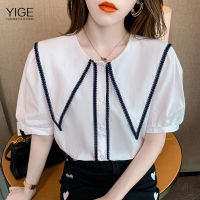 YIGE เสื้อยืดสตรี,เสื้อผ้าชีฟองสีขาวสไตล์เกาหลีใหม่ฤดูร้อนปี2021