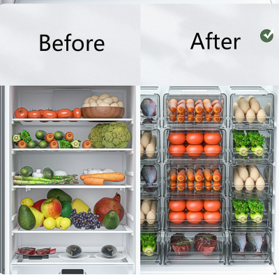 ตู้เย็นออแกไนเซอร์กล่องเก็บลิ้นชัก Vegatable ถังเก็บผลไม้ใสจัดอาหารวางซ้อนกันได้ตู้ตู้เย็น