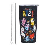 Bts BT21 B20oz แก้วมักสุญญากาศ สเตนเลส พิมพ์ลายวัว พร้อมหลอดดูด สําหรับพกพาเดินทาง