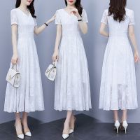 [Free ship] short-sleeved dress womens 2022 summer new slim fit and thin plus size mid-length white