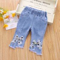 【CC】❍▲  Childrens Toddler Jeans Pants Girls Soft Youth and Ankle Cotton Capris Big Bow Leggings Denim