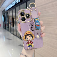 Case4you สำหรับ Realme C53 Realme Narzo N53 (มีสายรัดข้อมือ) นุ่มการ์ตูนขอบสี่เหลี่ยมน่ารักอะนิเมะ (Luffy) เคสชุบเคสโทรศัพท์หรูหราชุบเคสโทรศัพท์นิ่ม