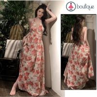 COD DSFGREYTRUYTU 【Original In stock】French style super fairy chiffon floral holiday womens dress bare back hollow out strap high waist slit long dress