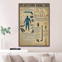 Luyameishop Spearfishing Knowledge โปสเตอร์ผ้าใบพิมพ์สำหรับ Scuba Diver Vintage Marine Art ของขวัญสำหรับ Spearfishing Lovers