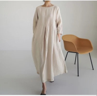 New 2021 Women Spring Autunm Dresses Vintage High Waist Cotton and Linen Korean Lady Oversized Long Dresses