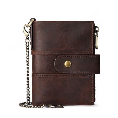 Leather Wallet for Men with Anti Theft Chain RFID Blocking Hasp Bifold Coin Pock