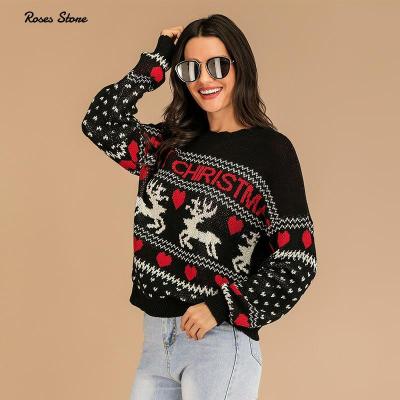 Woman Black Knitted Pullovers Tops Reindeer Ugly Christmas Sweaters  Long Sleeve Jersey School Work Clothes Holiday Jumper