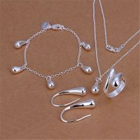 【lz】◕♠◊  925 Sterling Silver Jewelry Sets para Mulheres Pingente de Água Gota Pulseira Colar Brincos Anéis Moda Presentes de Festa Quente