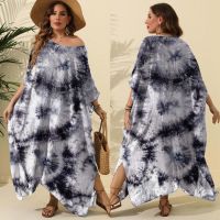 [COD] Womens large size dress cross-border European and black gray tie-dye loose blouse beach slit mopping long F797