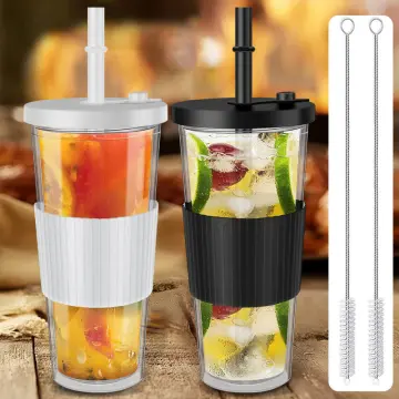 2 Pack Reusable Boba Tea Cups, 24oz Iced Coffee Cup with Straw and Lid,  Leakproof Clear Plastic Cups Tumbler, Double Wall Insulated Smoothie  Tumbler, Wide Straw for Bubble Tea, Black and White 