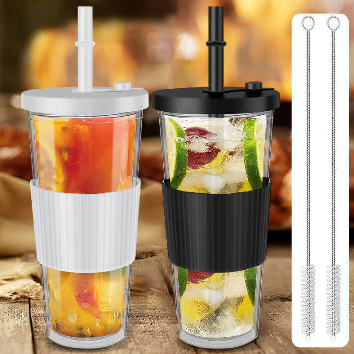2Pcs Boba Cup Plastic Bubble Tea Cup LeakProof Smoothie Tumbler with