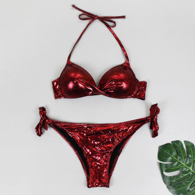 Sexy Halter Bikini  Bandage Swimsuit Solid Swimwear Women Shiny Bordered Bikini Set Bathing Suit Push Up Two-piece Suit