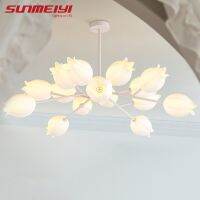 SUNMEIYI ไฟ LED ห้องรับประทานอาหารฝรั่งเศสสไตล์ครีมไฟเพดานโคมไฟระย้าห้องนั่งเล่นห้องนอน Lampu Gantung Bunga อ่านหนังสือทันสมัยแบบเรียบง่าย