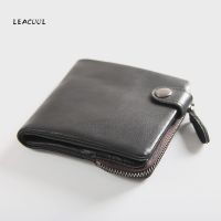 Vintage Genuine Leather Mens Short Wallet Men Women Cowskin Soft Small Purse Card Holder Zipper Coin Pocket Black