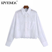 KPYTOMOA Women 2021 Fashion Hollow Out Embroidery Loose White Blouses Vintage Long Sleeve Button-up Female Shirts Chic Tops