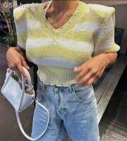 เสื้อกันหนาวแขนยาวบอลลูน2023 Malha ท็อปส์ซู Mulheres Verão V-neck Streetwear Puff Manga Cropped Top Senhoras Coreana Oco Y2k Camisola Rosa