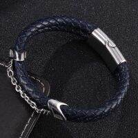 FORTAFY Jewelry Double Blue Genuine Leather Handmade celets Stainless Steel Magnetic Buckle Wristband for Male Gift FR1025