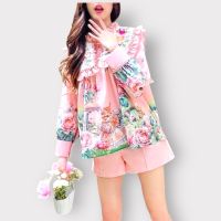 P010-289 PIMNADACLOSET - Long Sleeve Crew Neck Loose Floral Print Top And High Waist Side Pockets Shot Set