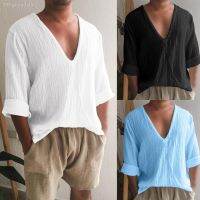 ﹍ Imitation Shirt Men Breathable Sleeve Oversize V Neck Boho Mens Shirts 의류 Кофта