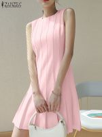 【CC】 ZANZEA Round Neck Pleated Dresses Fashion Sleeveless Commuting Short Robes