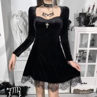 Women Fashion Square Neck Lace Patchwork Velvet Dress EnK8