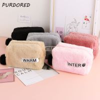 PURDORED 1 Pc Winter Fur Cosmetic Bag Soft Plush Cosmetic Bag Travel Zipper Pouch Storage Organizer With Fur Ball kosmetyczka