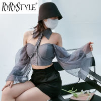 RYRYSTYLE เสื้อเสื้อท๊อปสั้นแขนพองแฟชั่นใหม่สำหรับผู้หญิง2023ฤดูใบไม้ผลิ/ฤดูร้อนเอวสีเข้มประกบเสื้อหดสำหรับผู้หญิง