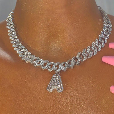 Stonefans 26 Cuban Letter Necklace for Men Women Choker Baguette Hip Hop Pendant Necklace Stainless Designer Jewelry Party Gifts