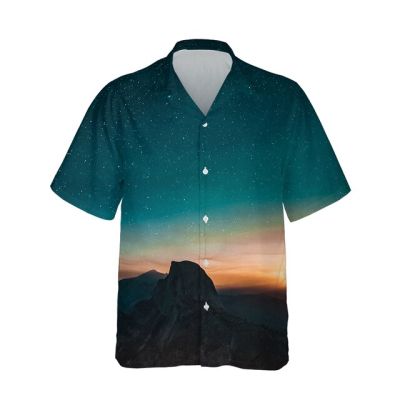✅เสื้อลำลองหลวมใหญ่กว่าปกติผู้ชายลายดาวภูเขาท้องฟ้า3D สีสันสดใสใหม่2023เสื้อฮาวาย3d กลางคืนกาแล็คซี่ทิวทัศน์