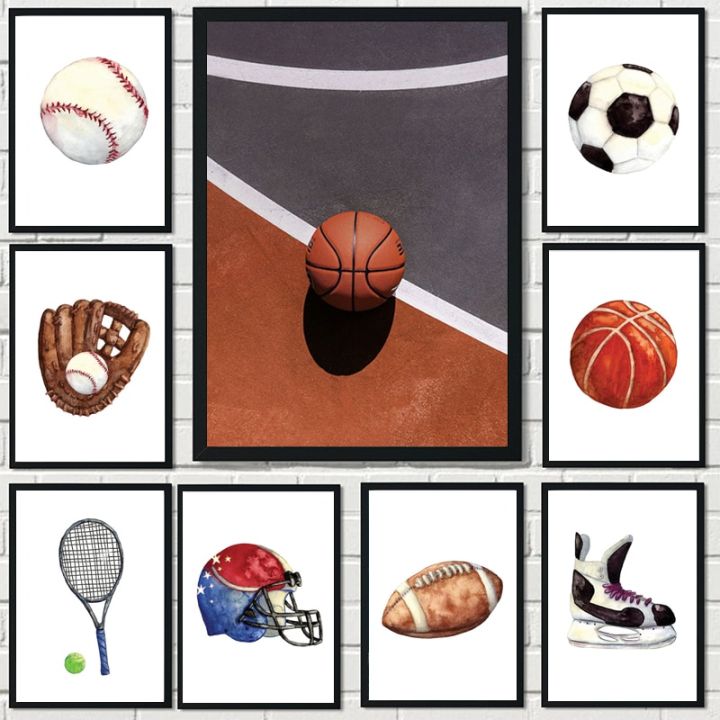 บอลกีฬาผ้าใบจิตรกรรมฝาผนังศิลปะโปสเตอร์และพิมพ์ภาพผนังสำหรับเด็กห้องเด็กตกแต่งบ้าน-บาสเกตบอล-รักบี้-ฟุตบอล-และสเก็ต
