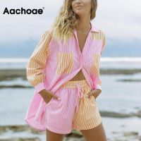 Aachoae Fashion Patchwork Cotton 2 Piece Set Women Long Sleeve Pockets Shirt With High Waist Shorts Striped Print Holiday Sets