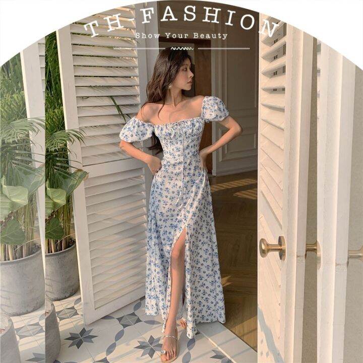 ❏✜✚ 【TH Fashion】French Dress Puff Sleeve Sexy Off-Shoulder Dresses Women  Plus Size Slimming Floral Blue Retro Split Skrit | Lazada Singapore