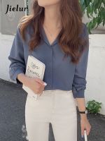 【CW】 Jielur 2022 White Shirts Long Sleeve Single Breasted Button Elegant Office Lady V Neck Work Blouse Women Chic Korea Top