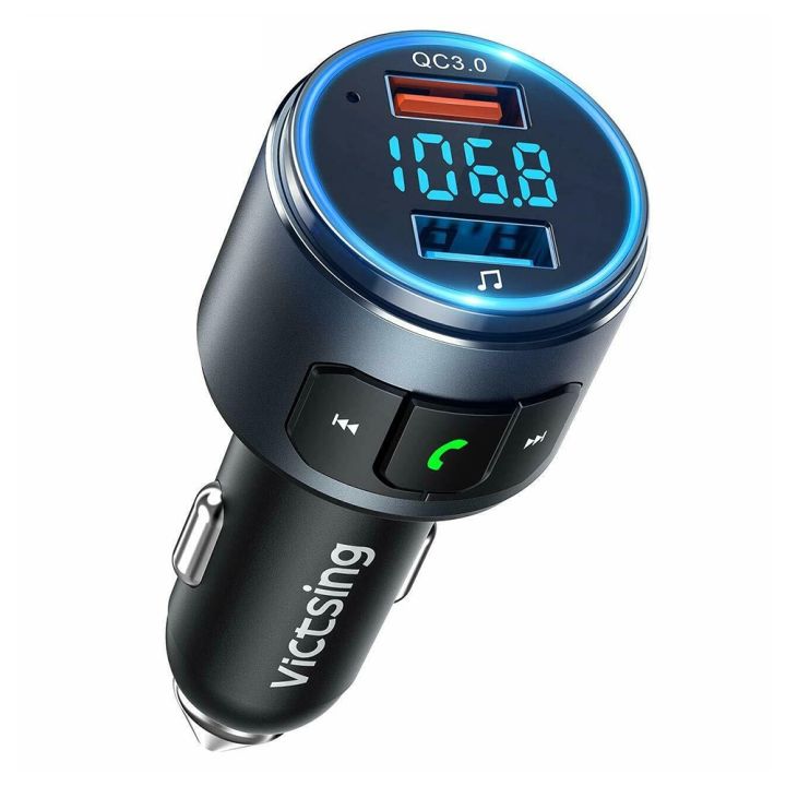 VicTsing Upgraded V5.0 Bluetooth FM Transmitter Radio Adapter Car Handsfree Call QC3.0 Fast Charger &amp; 2 USB Ports FM Transmitter