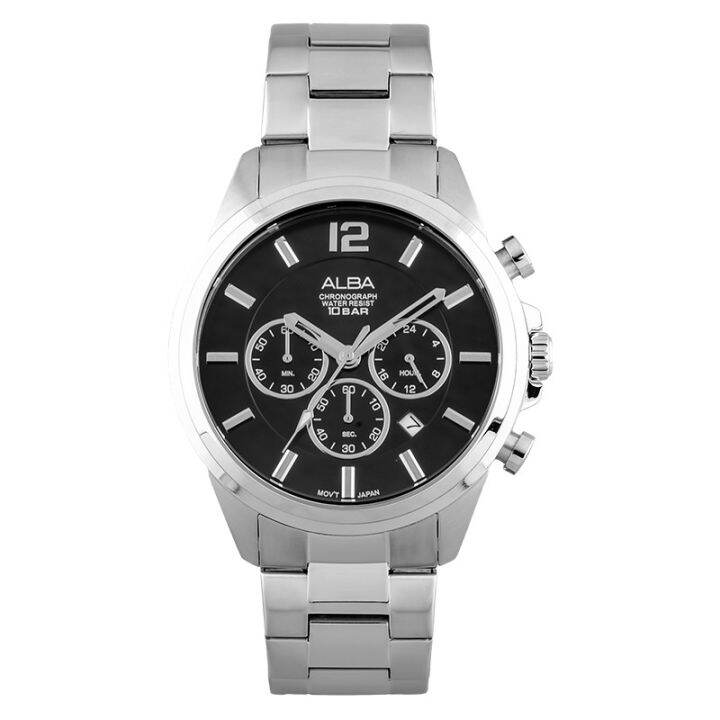 Jam Tangan Pria Alba AT3G13X1 Chronograph Men Black Dial Stainless