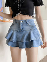 Aigo Summer Women Vintage High Waist Washed Blue Short Denim Skirt Streetwear Female Ruffles Lining Pleated Skirts Bottoms