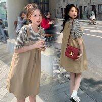 ∋⊙ Pregnant women summer short-sleeved summer dressstripe T-shirt shoulder-straps two-piece web celebrity dress tide mom