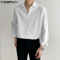 (Korean Style) INCERUN Mens Formal Henley Shirt Long sleeve V-Neck Loose Fit Blouse Smart Tee Top Shirt