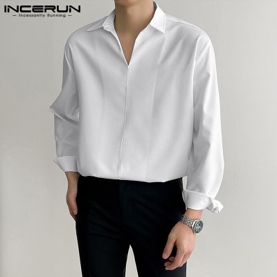 (สไตล์เกาหลี) INCERUN Mens Henley เสื้อแขนยาว V-คอหลวม Fit เสื้อสมาร์ทเสื้อยืดตัวสั้น