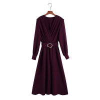 Za  Pleated Midi Party Dress Women Long Sleeve Elastic Waist Elegant Dress Female Vintage Golden Buckle Belted Dresses