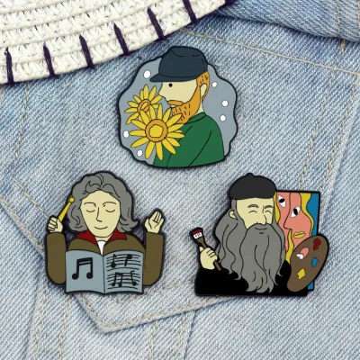 Genius Artist Lapel Pins Cute Picasso Sunflower Van Gogh Painter Brooch Beethoven Musician Enamel Badge Jewelry Gift for Friends
