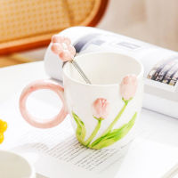 Drinkware แก้วเซรามิคและเครื่องปั้นดินเผาพร้อมฝาปิดช้อนของขวัญถ้วยกาแฟ Tulip ดอกไม้พิมพ์สีชมพูน่ารักถ้วย1PCS เซรามิค Tazas