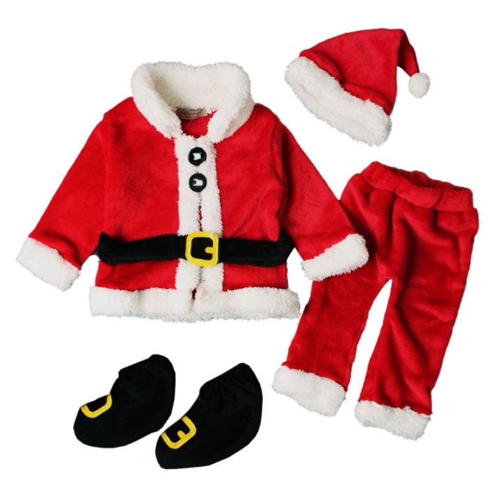 เครื่องแต่งกายเด็กซานตาคลอส4ชิ้นเสื้อขนแกะกางเกงหมวกรองเท้าชุดเสื้อผ้าคริสต์มาส