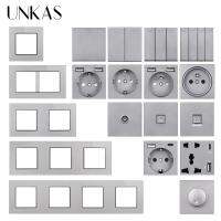 [HOT GELLXKOWOIGHIO 527] UNKAS แผงกระจกสีเทา DIY ฟรีผสมภาษาฝรั่งเศสคำ EU Socket Type C Dual USB 1 2 3 4 Gang 1/2 Way On/off Push ปุ่มสวิทช์