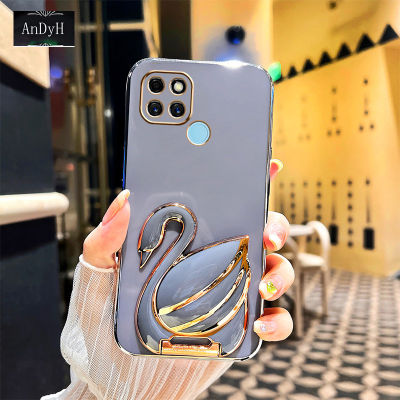 AnDyH Phone case For Realme C21Y C25Y Case New 3D Swan Retractable Stand Phone Case Plating Soft Silicone Shockproof Casing Protective Back Cover