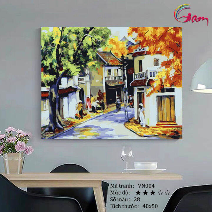 Tranh Sơn Dầu Số Hóa Diy Tự Tô Màu Có Khung Phong Cảnh Việt Nam - Mã Vn004  Mùa Thu Phố Cổ Hà Nội Tranh Trang Trí Phòng Khách Làm Quà Tặng