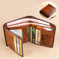 Men Wallet Leather Rfid Blocking Trifold Wallet Vintage Thin Short Multi Function ID Credit Card Holder Male Purse Money