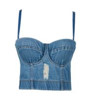 2021Women Destucted Denim Bustier Crop Top Spagehtti Strap Ripped Push Up Corset Camisole Vest Night Club Jeans Bralette