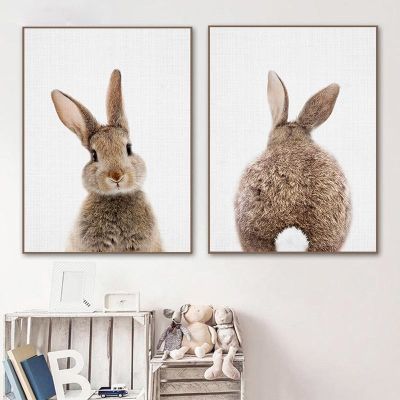 ↂ กระต่ายกระต่ายหาง Wall Art Woodland สัตว์โปสเตอร์ภาพวาดเนอสเซอรี่พิมพ์ภาพเด็ก Nordic เด็กตกแต่งห้องเด็ก