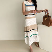 New Summer Fashion Hollow Out Knitted Dresses Women Sleeveless Striped Patchwork Sweater Mermaid Dress Vintage